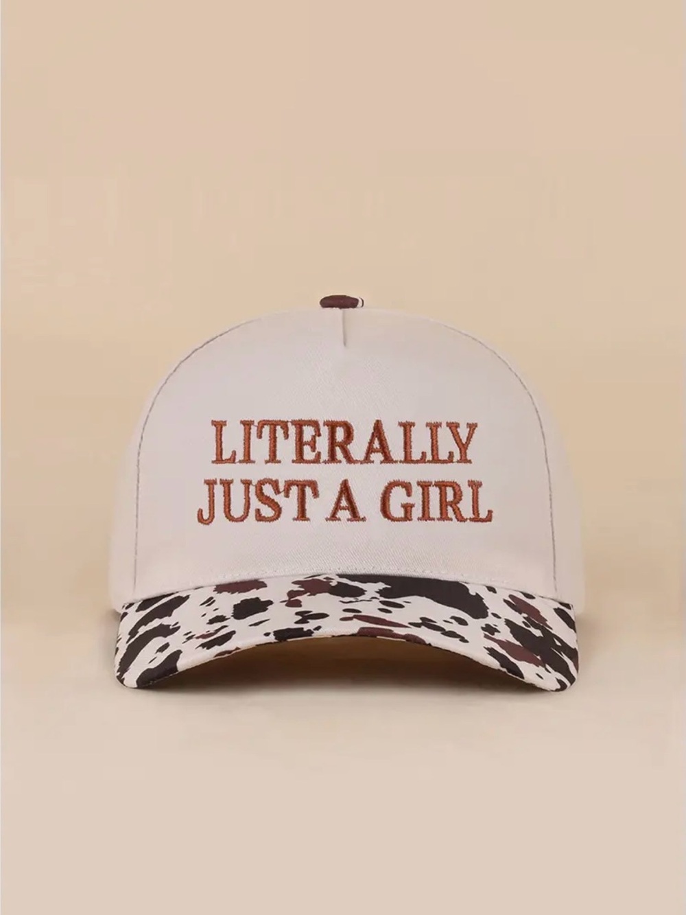 “Literally Just A Girl” Cream Baseball Cap with Cow Print Brim